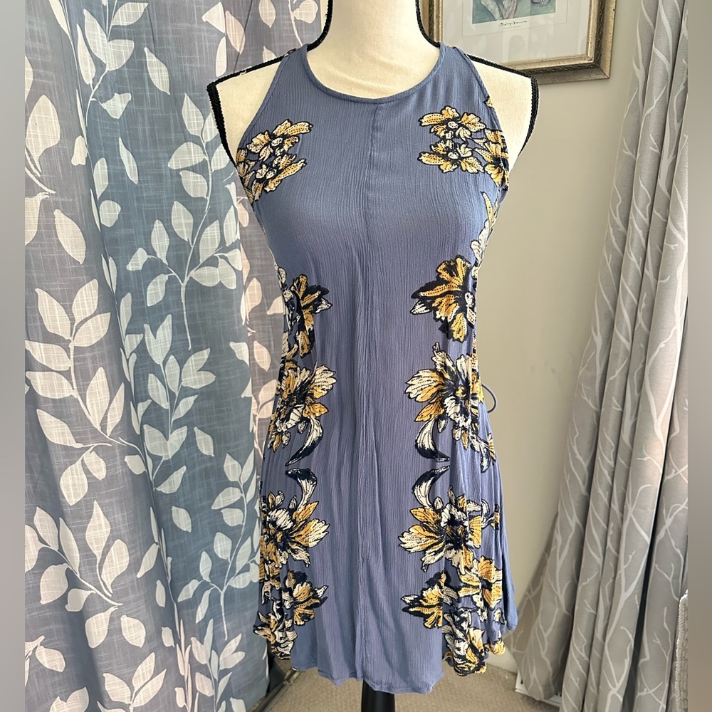 Free People Blue Dress with Yellow Floral Design and Lacing Details